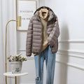 Plus size ultra-thin lightweight down jacket for mothers in khaki solid colour with zipper front