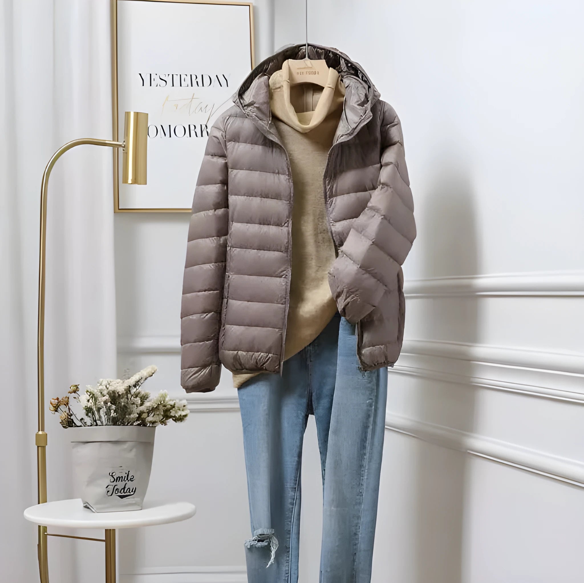 Plus size ultra-thin lightweight down jacket for mothers in khaki solid colour with zipper front
