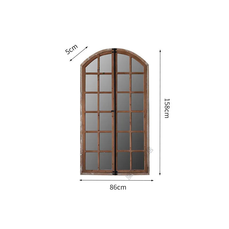 Terrace distressed fake window wall mirror with log colour wooden glass frame and clear mirror panel