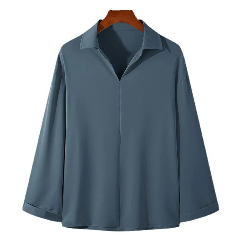 Men's loose lapel casual pullover shirt in solid colour on a hanger, shown in white, black, blue and skin tone options.