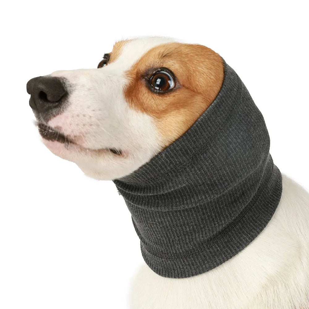 Blue and grey dog headband scarf in soft polyester fabric with adjustable sizing