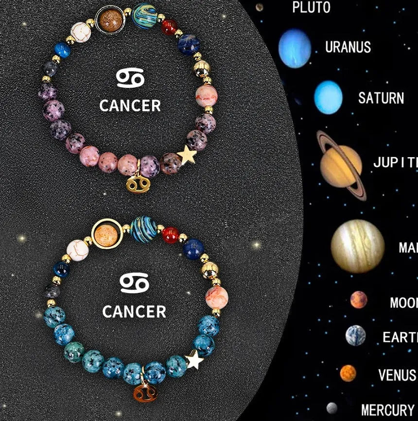 Two natural stone beaded bracelets with Chinese zodiac charm beads on a white background.