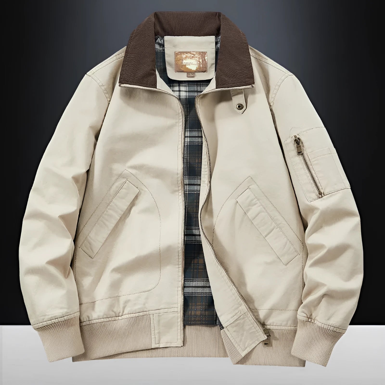 Men's beige washed cotton baseball jacket shown on a model, plus sizes up to 5XL.