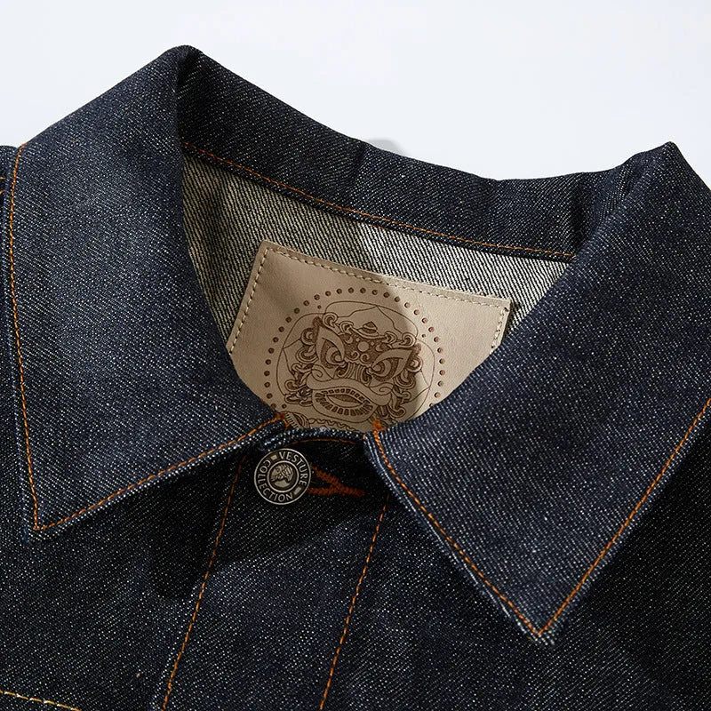 Men's Japanese retro style cotton denim jacket in fruit puree solid colour with loose fit and long sleeves