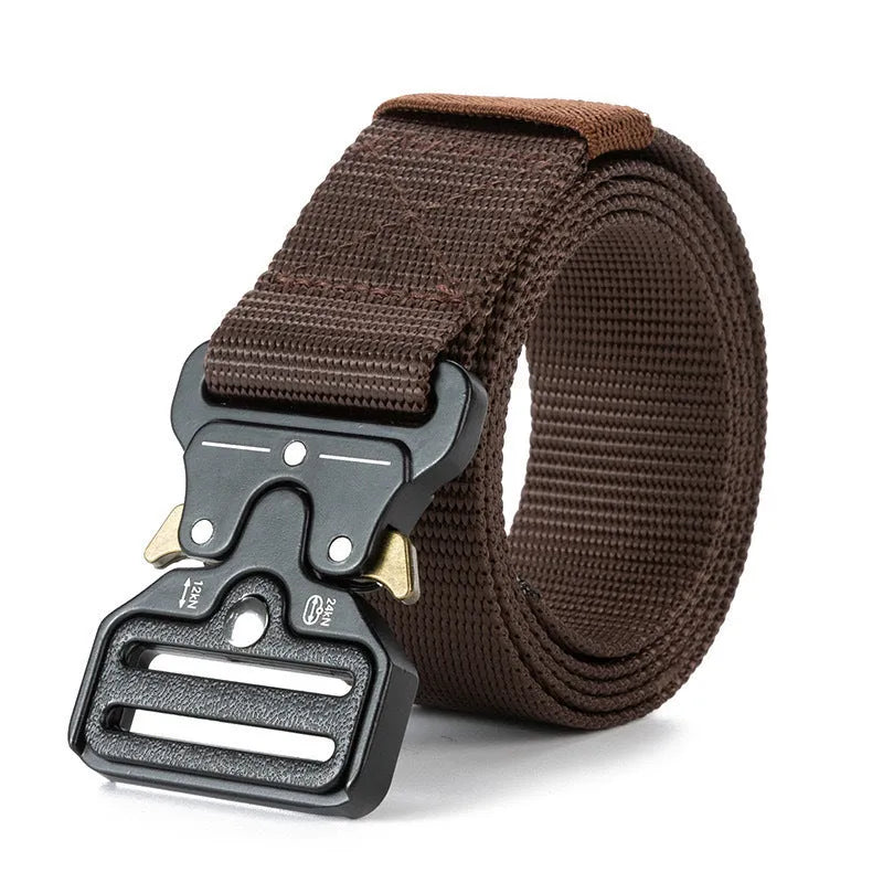 Men's tactical canvas belt with alloy buckle in multiple colour options showing 120cm length