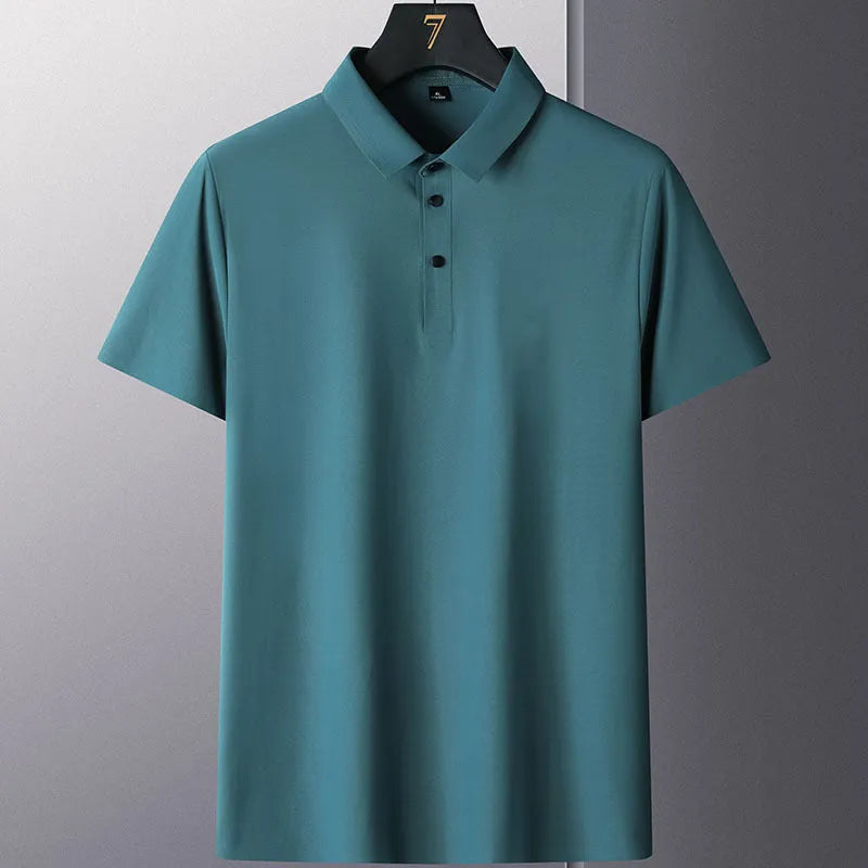 Non-ironing solid colour men's short sleeve business shirt on a hanger.
