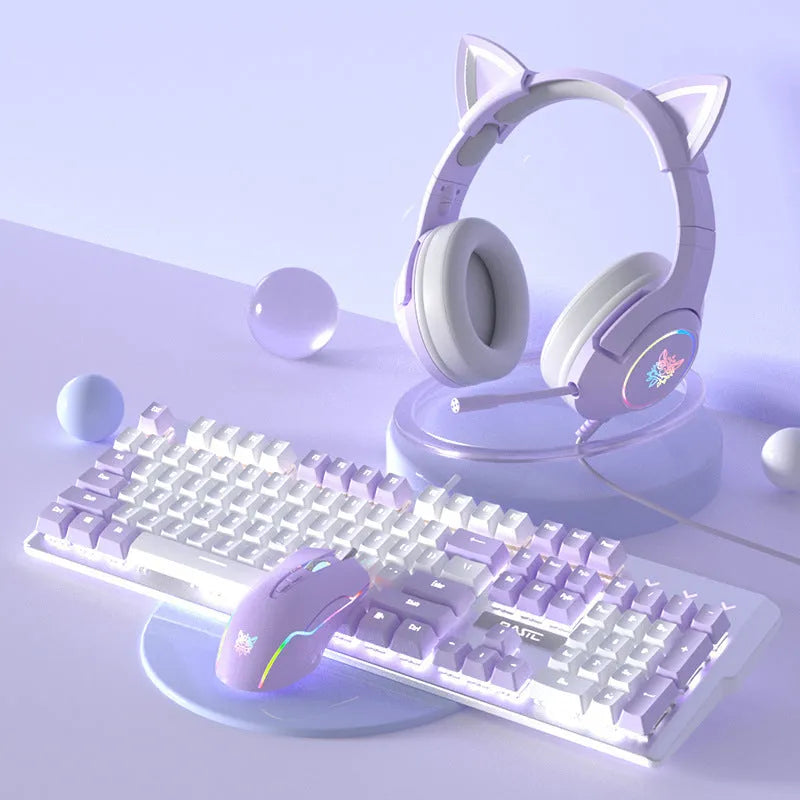 Purple and white mechanical keyboard and mouse set with backlit keys