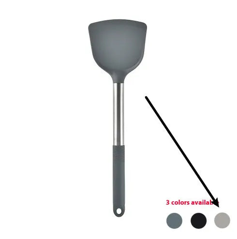 Black silicone kitchen utensil set with 12 tools stored in a rotating plastic storage bucket on a worktop.