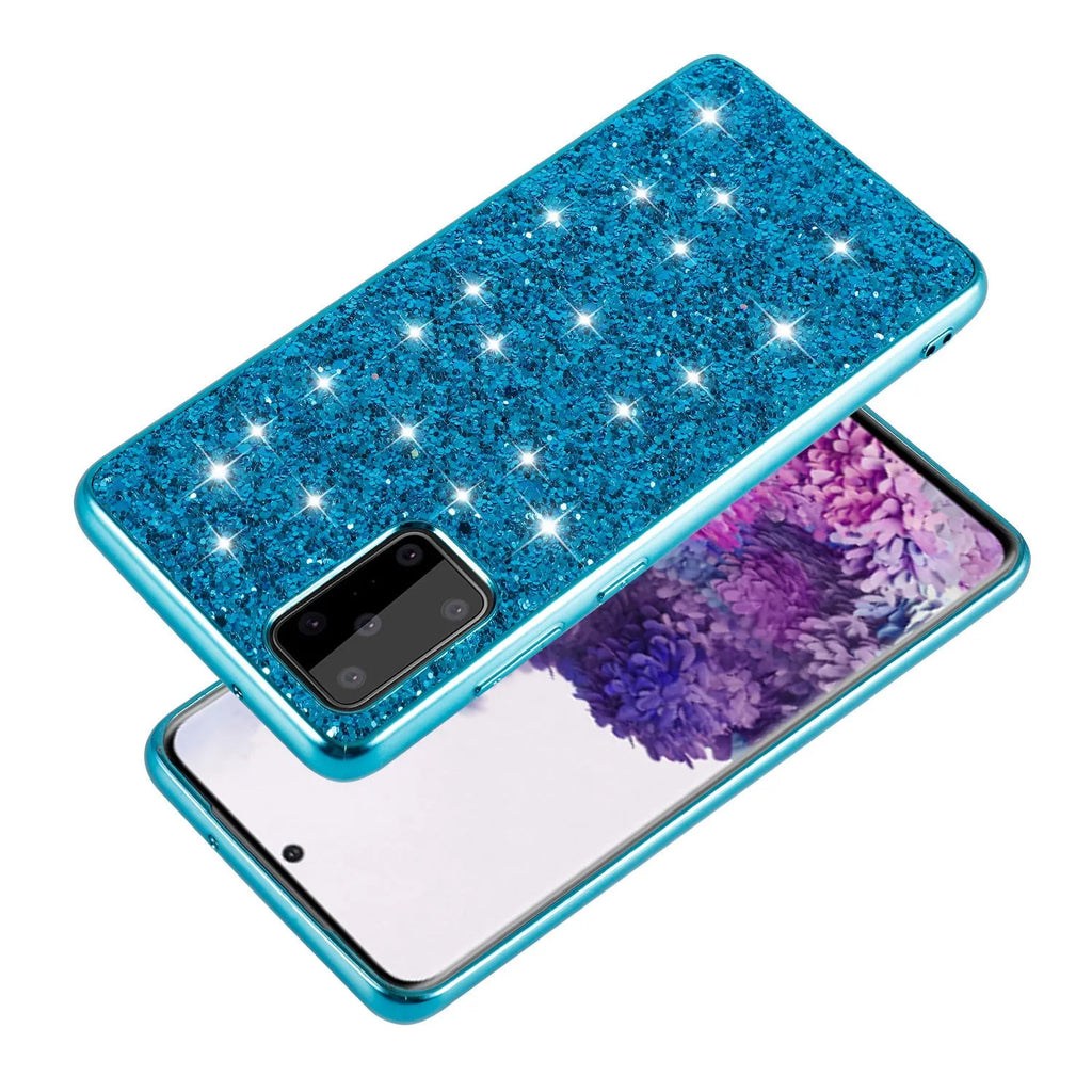 Glitter paste TPU leather Samsung phone case in shiny black with electroplated back cover