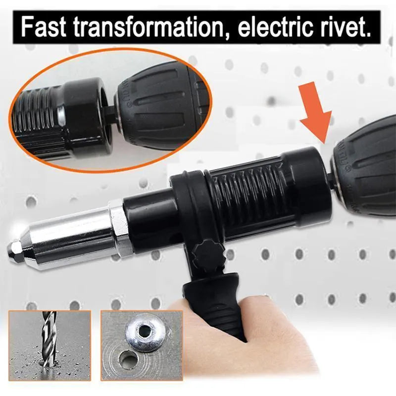 Alloy steel electric drill rivet adapter kit with four sized heads and wrench