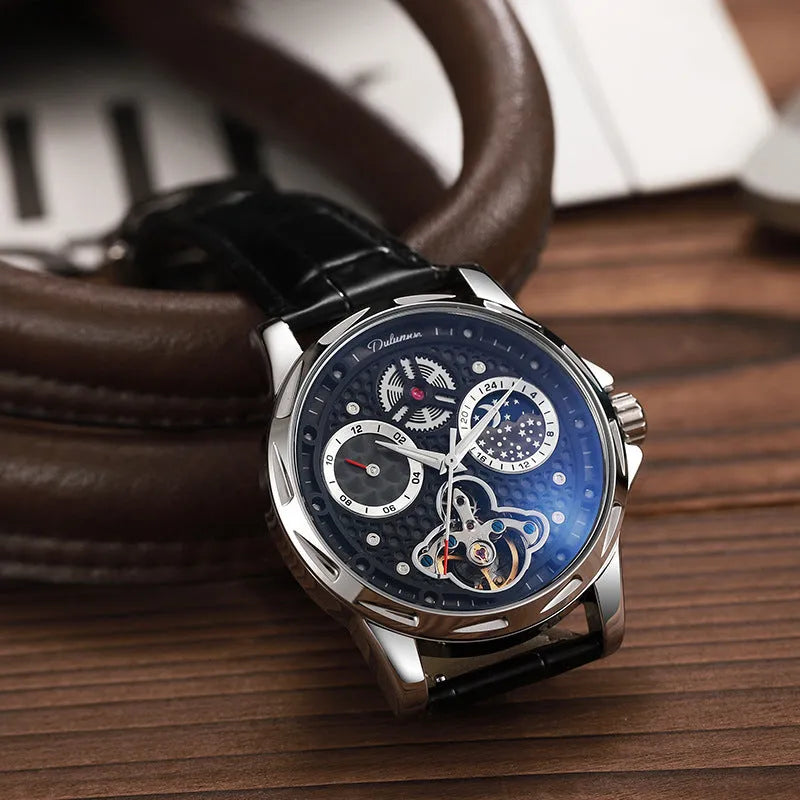 Men's automatic watch with luminous hands on stainless steel bracelet and leather strap options