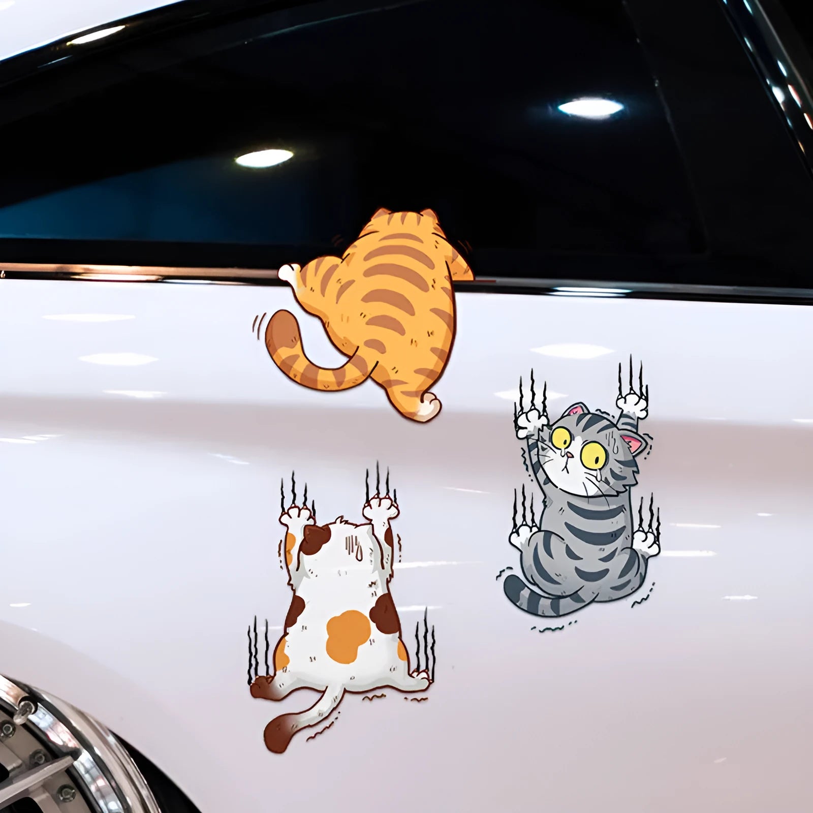 Scratch pet cat car sticker set three PVC stickers with cat design on white background