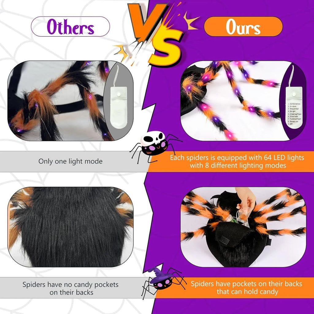 Halloween luminous spider pet costume in cloth for cats and large dogs, sizes S 60cm to L 125cm