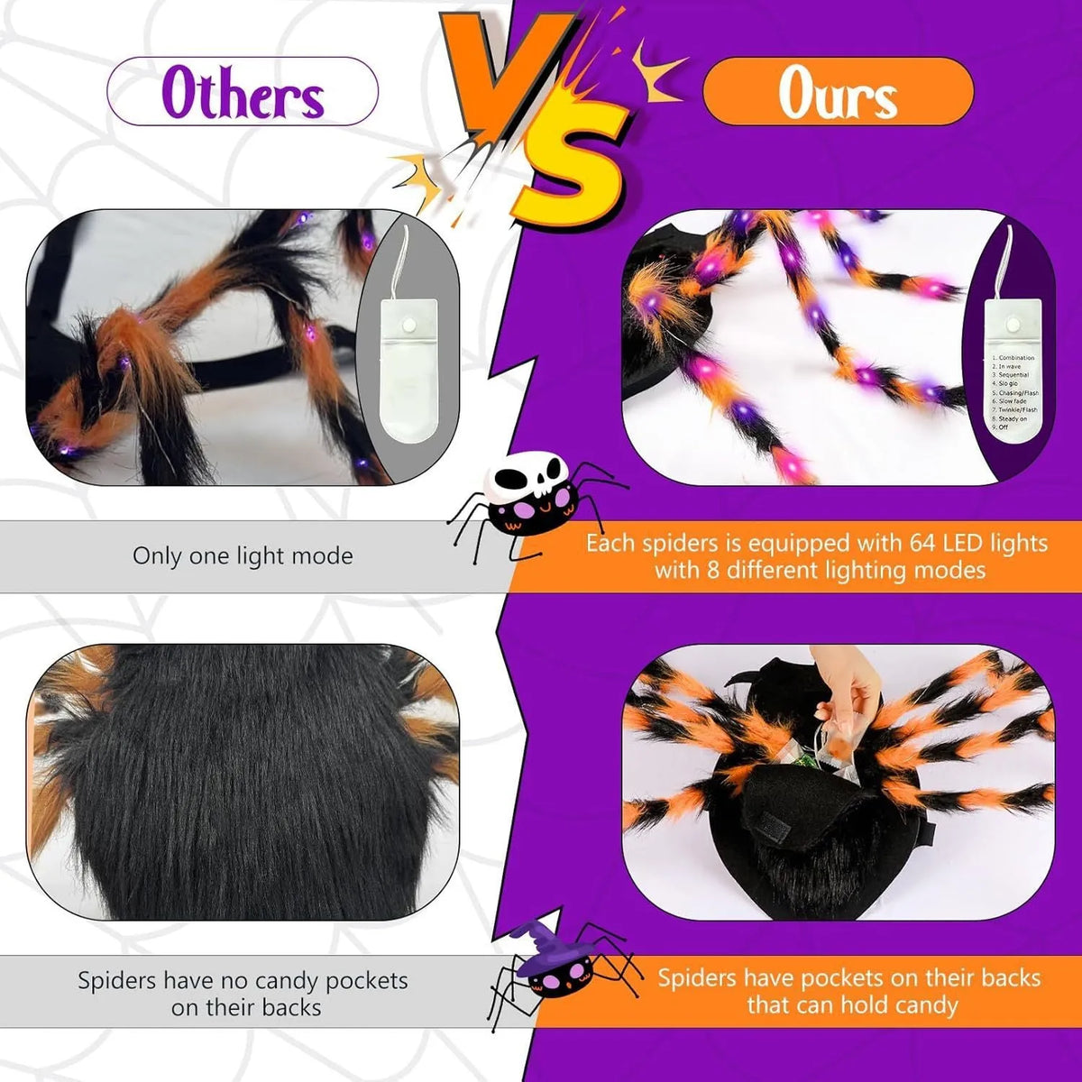 Halloween luminous spider pet costume in cloth for cats and large dogs, sizes S 60cm to L 125cm