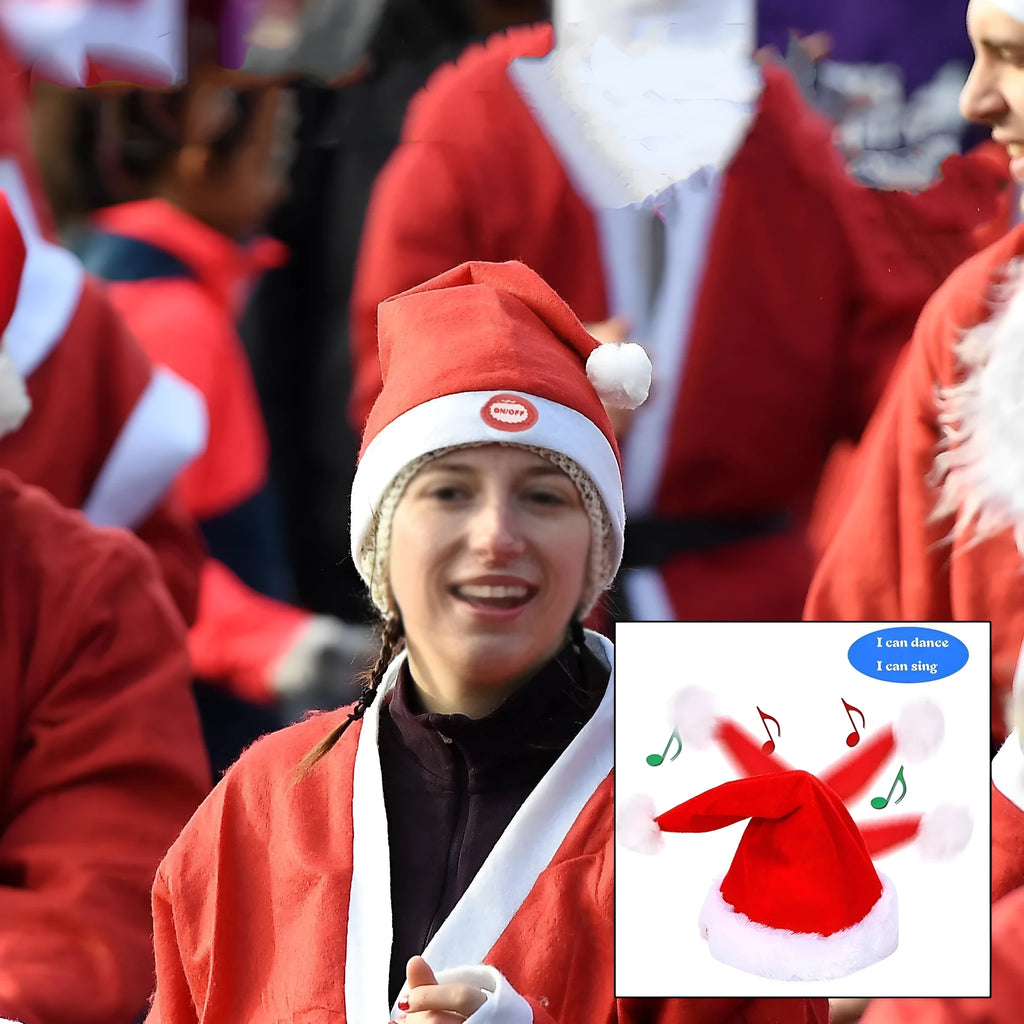 Red plush Christmas hat with battery-powered music and swing feature, available in long or short fluff
