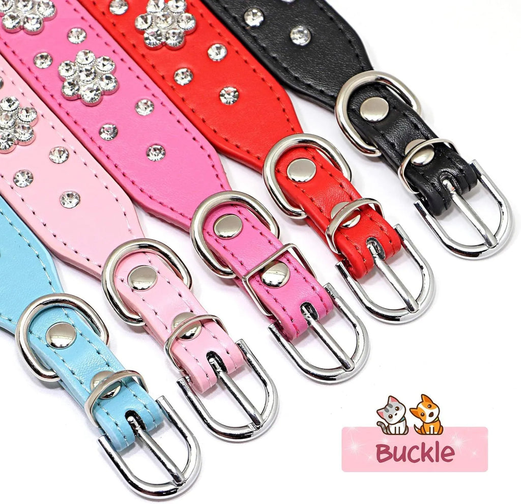 A black PU leather dog collar decorated with sparkling rhinestone flowers and metal studs, showing the adjustable eyelets and metal D-ring.