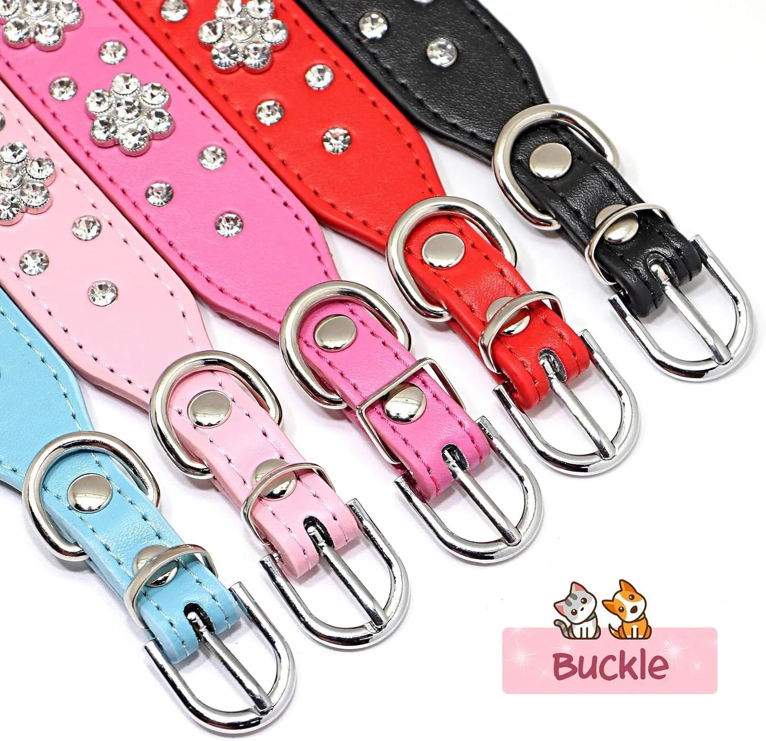 A black PU leather dog collar decorated with sparkling rhinestone flowers and metal studs, showing the adjustable eyelets and metal D-ring.