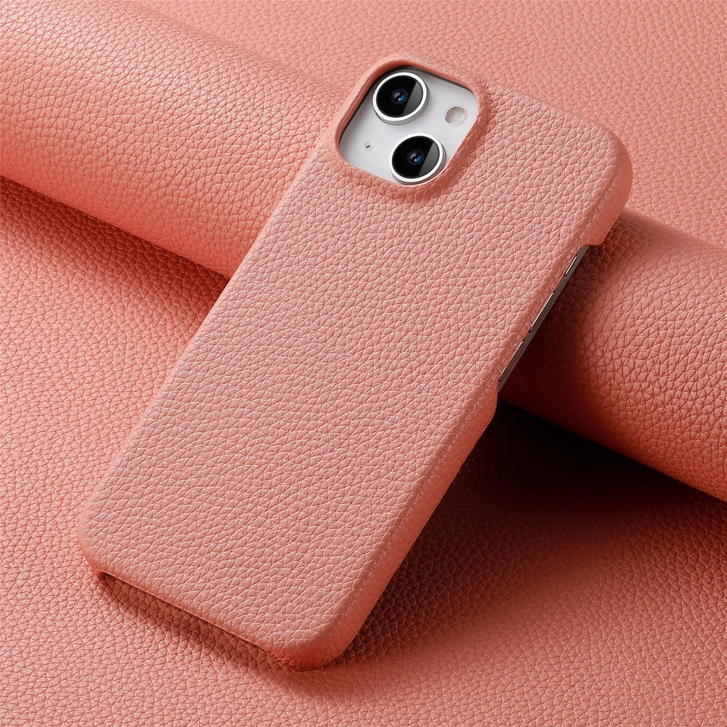 PU leather litchi grain iPhone case in matcha green with airbag and electroplating details