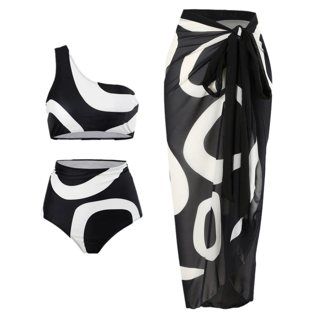 Black one-shoulder two-piece swimsuit with briefs and wrap skirt, sizes S-XL, nylon fabric.