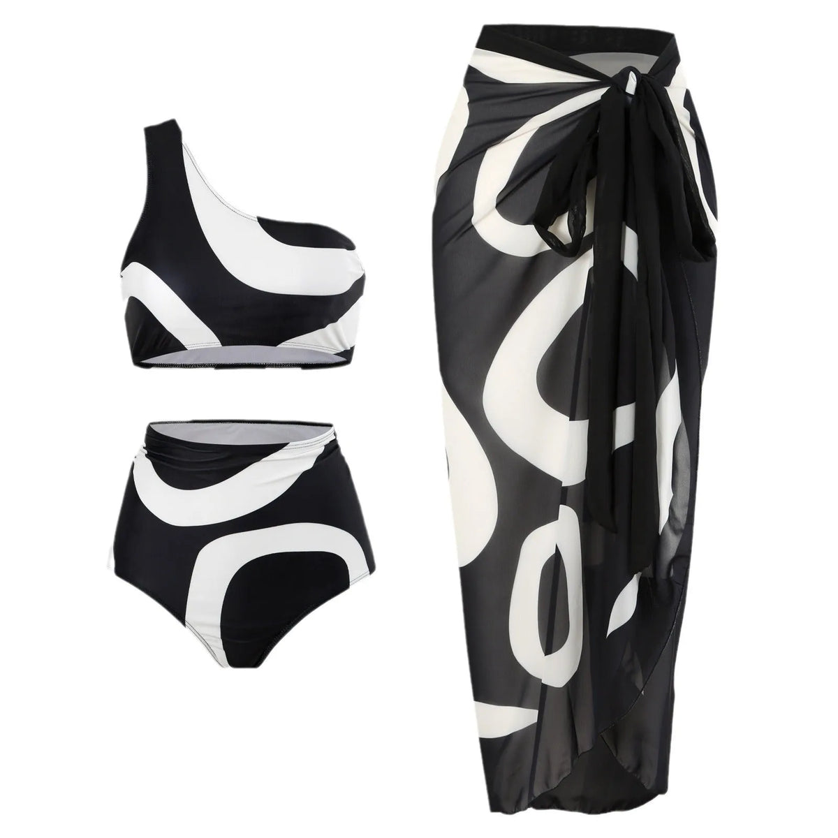Black one-shoulder two-piece swimsuit with briefs and wrap skirt, sizes S-XL, nylon fabric.