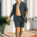 Men's two piece set with short sleeve lapel button shirt and matching shorts in cotton blend, summer beach streetwear outfit