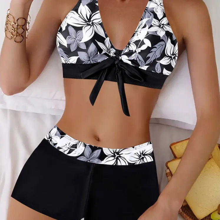 Plus size printed bikini swimsuit in orange polyester with spandex lining, sleeveless briefs style, sizes S-5XL