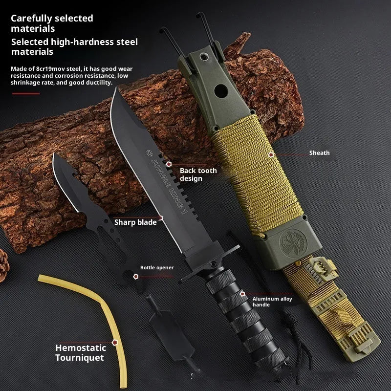 Multifunctional small straight knife with aluminium alloy handle and 8Cr19MoV steel blade, available in black or white