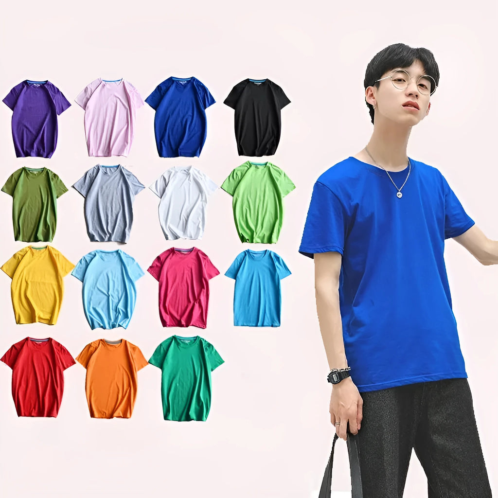 Men's solid colour cotton T-shirt on a hanger, showing round neck and short sleeve design.