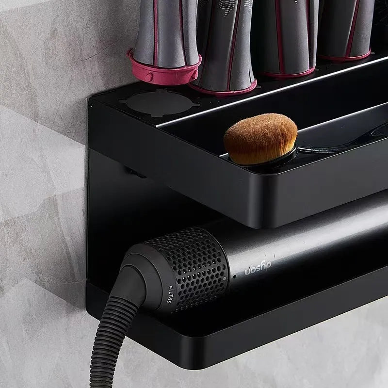 White aluminium double-layer punch-free storage rack holding a Marcel waver curling iron on a bathroom wall.