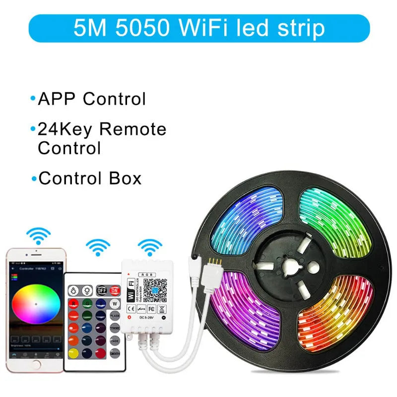 RGB LED light strip with 24-key WiFi controller, 2835 or 5050 LEDs, 5m to 20m lengths, non-waterproof