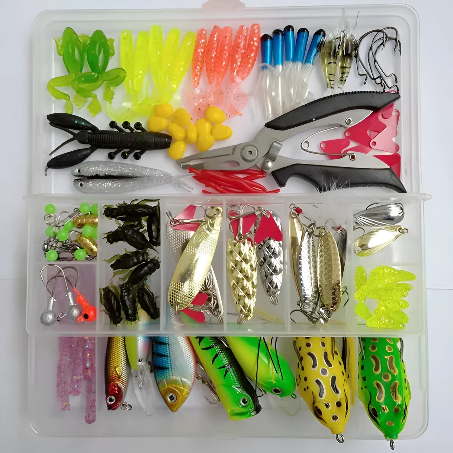 142-piece fishing lure set with metal pliers, hard minnow lures, and sequins in assorted colours