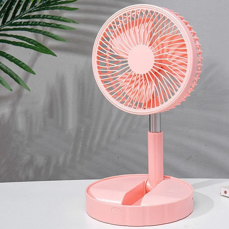 Black portable telescopic folding fan with 7200mAh battery extended to full height showing ABS and aluminum construction
