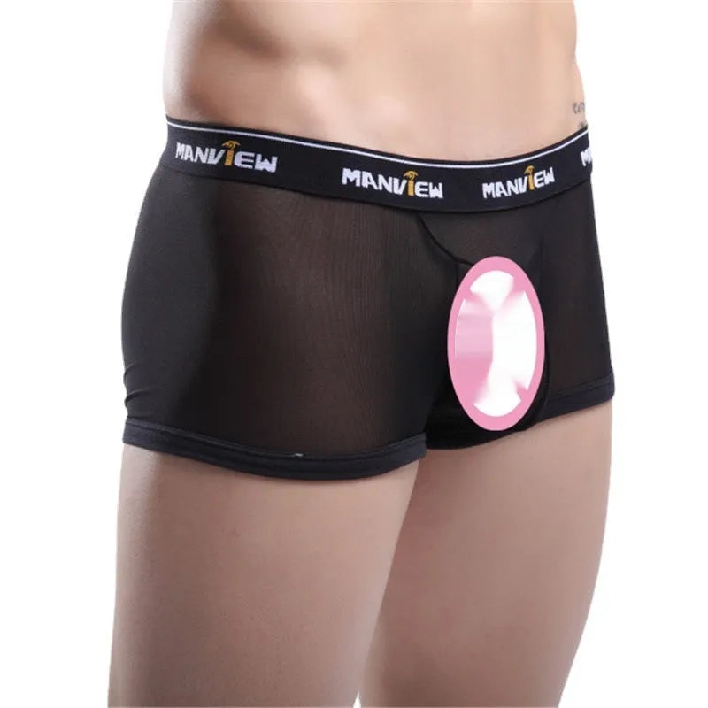 Men's solid colour mesh big boxer briefs on a white background showing breathable fabric texture.