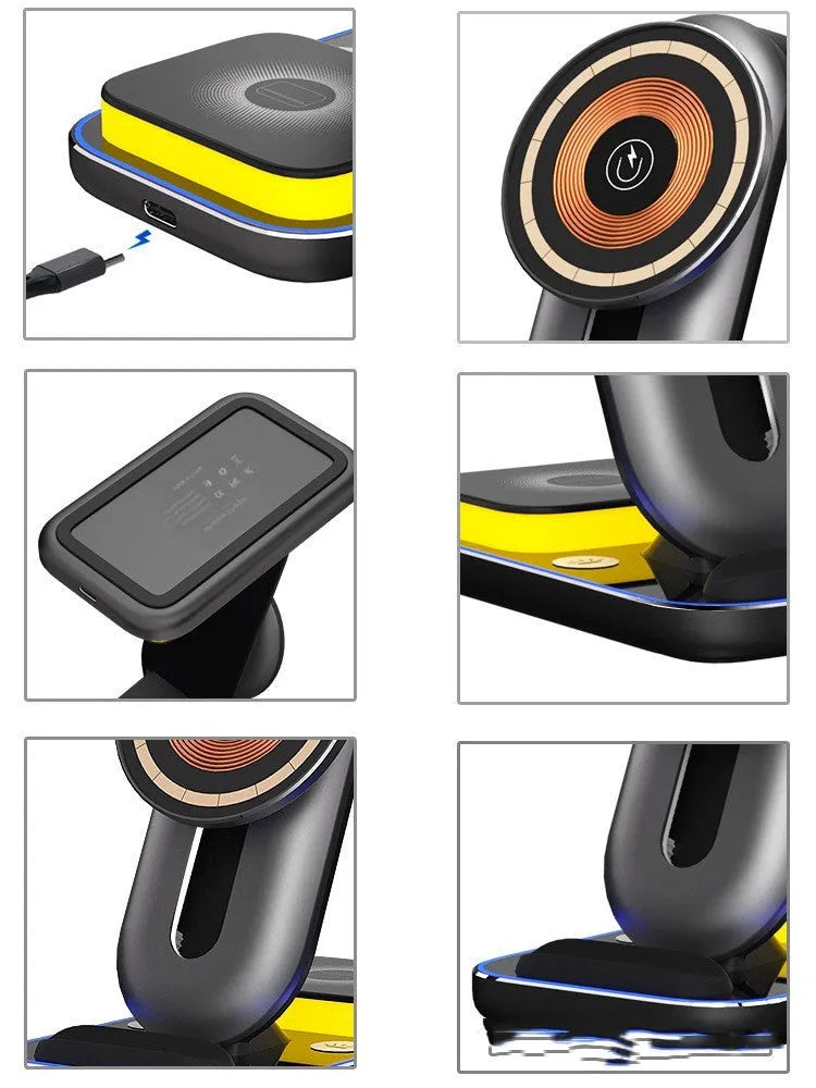 Three-in-one magnetic wireless charger, foldable fast charge unit in black or grey