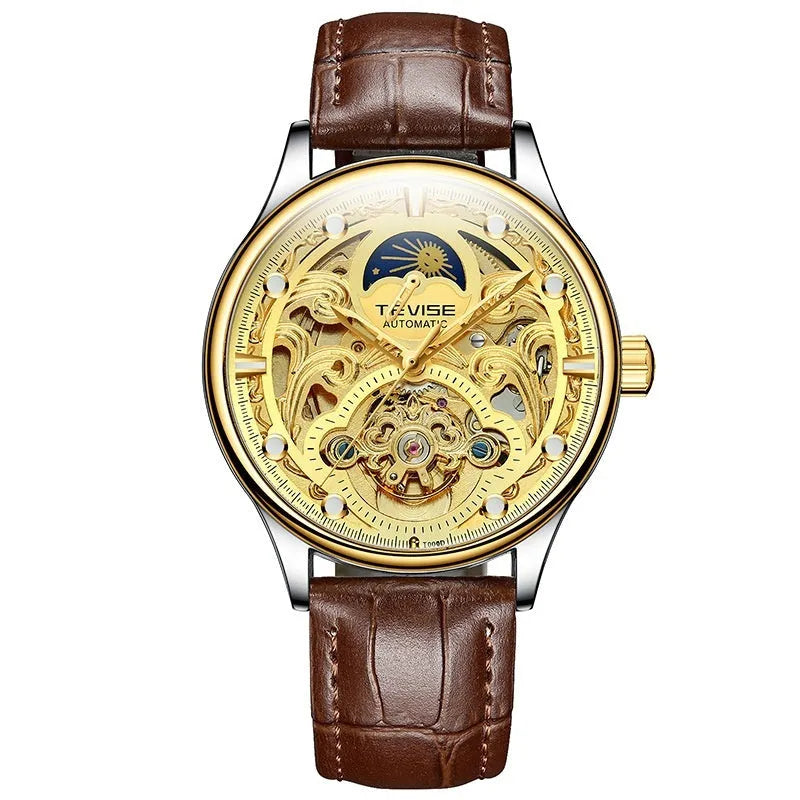 Men's gold and white leather strap automatic waterproof business watch with thick case.