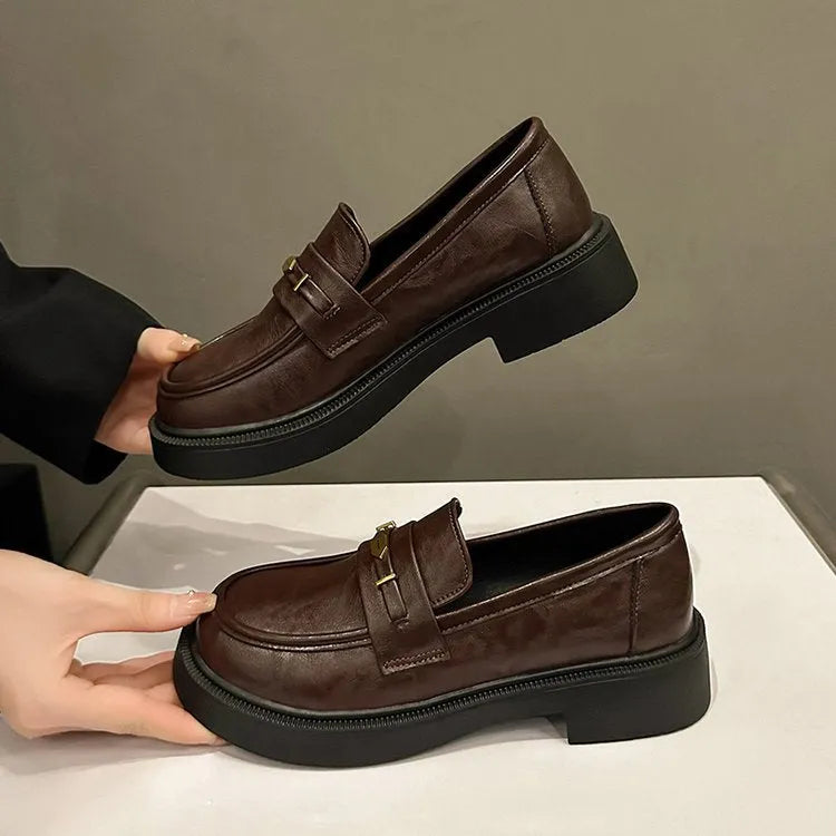 All-match metal commuter soft bottom soft surface small leather shoes for women - microfiber round toe flat heel, black or brown