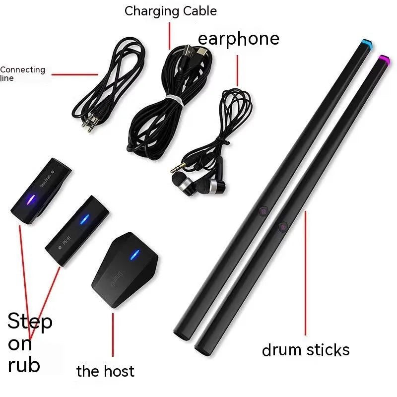 Black somatosensory air drum kit with wireless 2.4G technology and two drumsticks