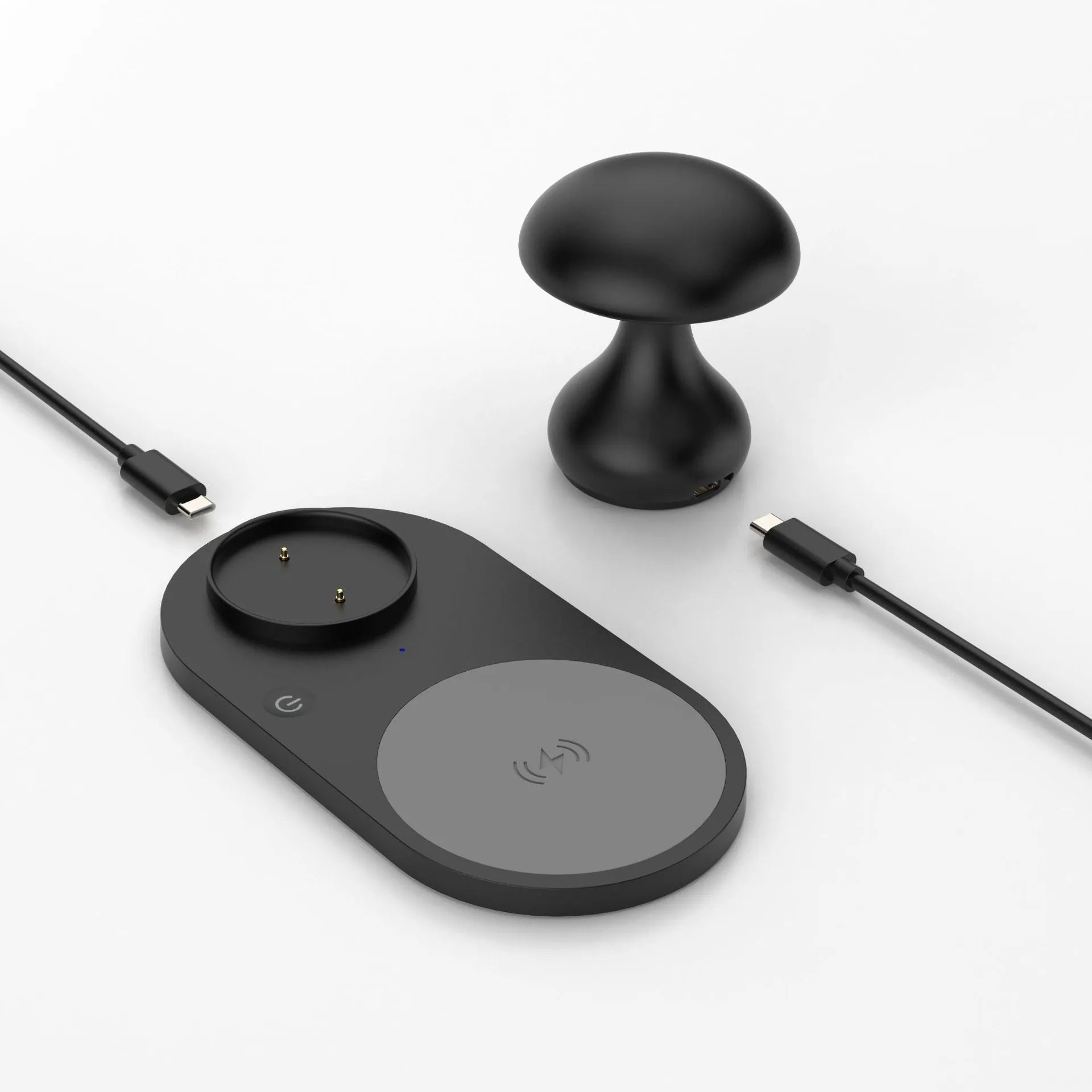 Multifunctional 10W wireless charger mushroom lamp in white ABS composite material on a desk