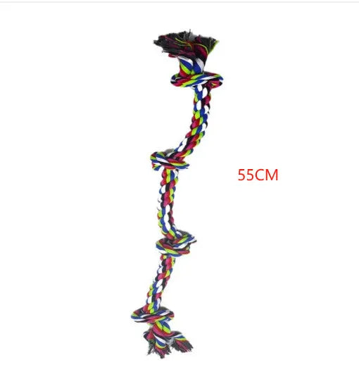 Heavy-duty cotton rope knot dog toy for large breeds, 77cm long, with four or five knots for chewing and tug of war.