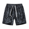 Men's corduroy camouflage shorts with high waist and straight leg cut in black, gray, and white colours