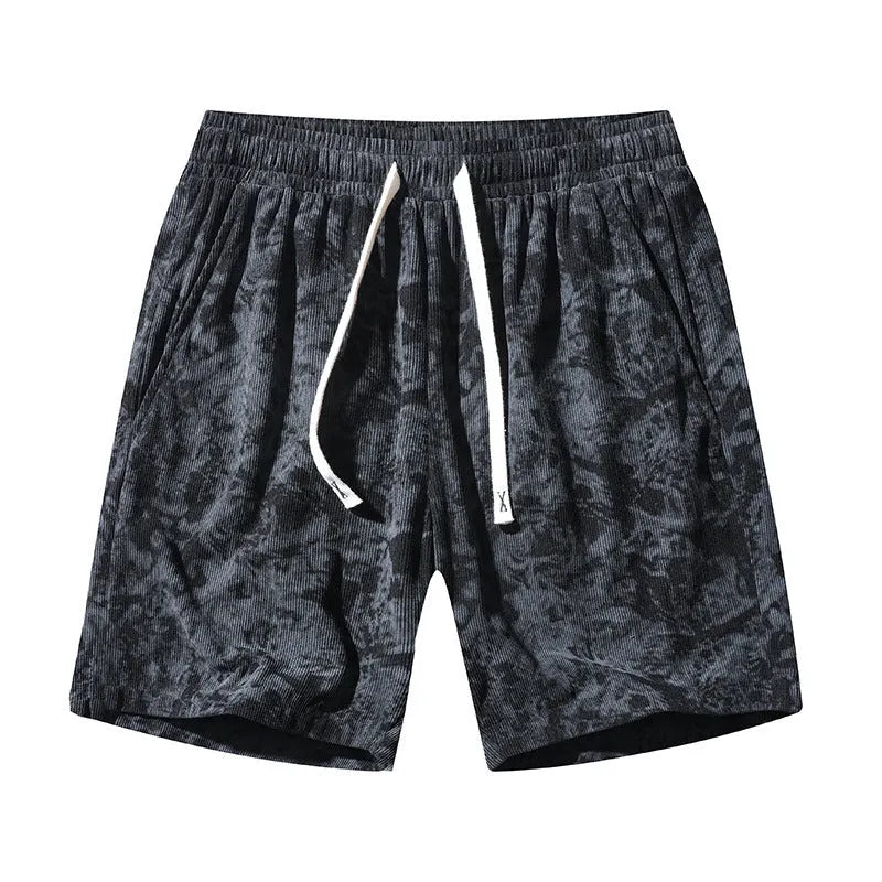 Men's corduroy camouflage shorts with high waist and straight leg cut in black, gray, and white colours