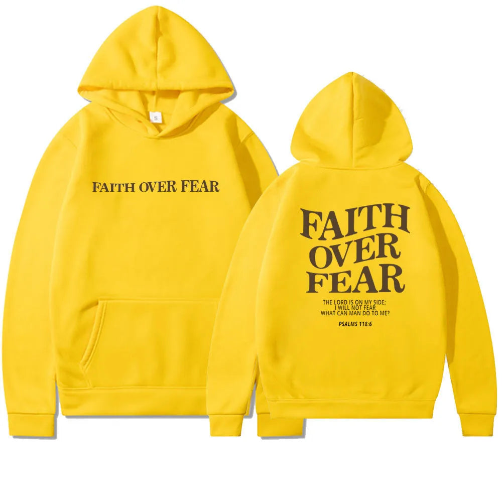 Faith Over Fear Christian hoodie unisex cotton blend pullover with drawstring hood and drop shoulder, shown in light gray.