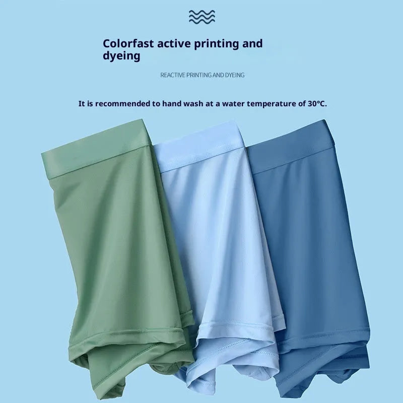 Men's flat-cut ice silk shorts in solid colour, plain weave fabric, size L to 4XL, front view
