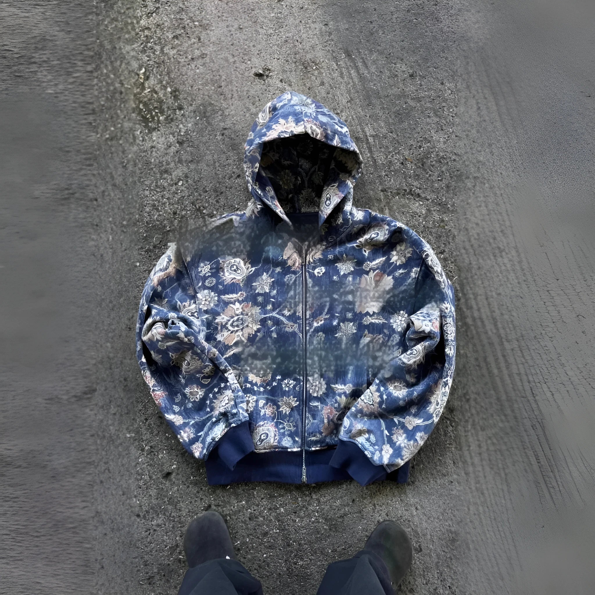 Man wearing a blue loose-fit zip hooded coat with the hood up, showcasing casual autumn style.