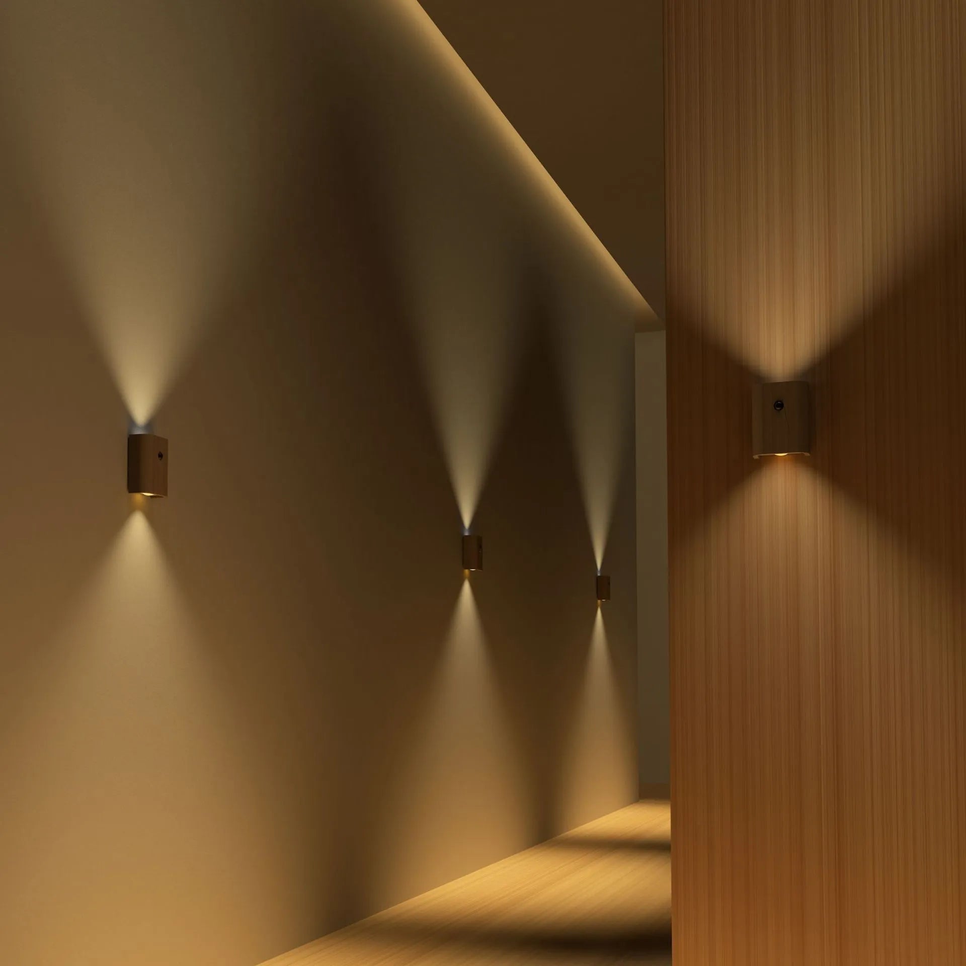 Solid wood pattern linkage human body induction LED light with warm white glow, Sapele finish