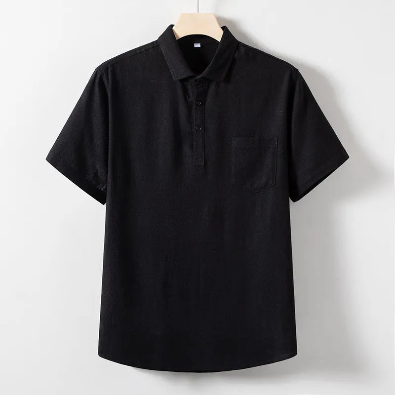Men's linen T-shirt with loose lapel collar in hemp blend fabric showing size options
