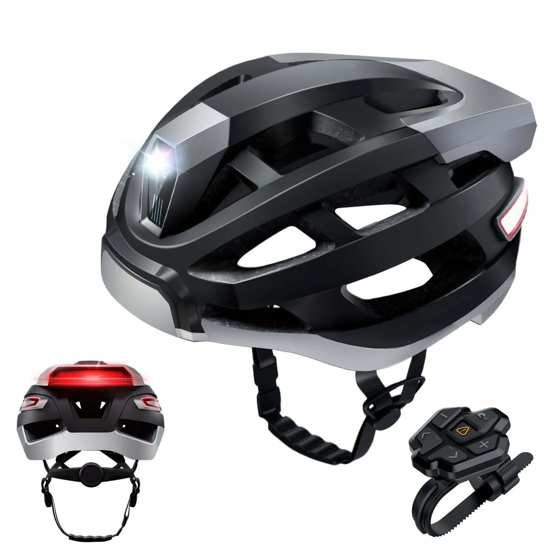 Black and grey smart cycling helmet with integrated warning light, adjustable for adult head sizes 57-62cm.