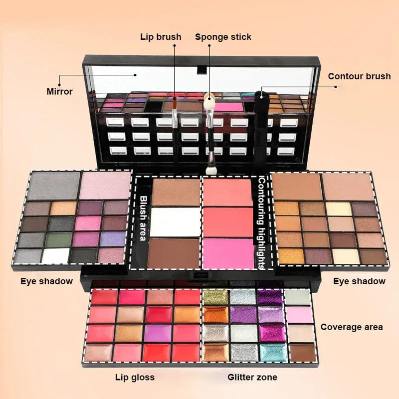 74 colour makeup palette with eyeshadows, lip glosses, concealer, blush and contouring powders in layered plates