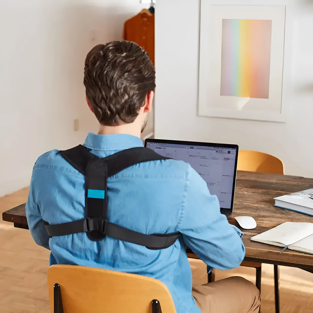 Black adjustable posture correction strap showing breathable construction and adjustable mechanism