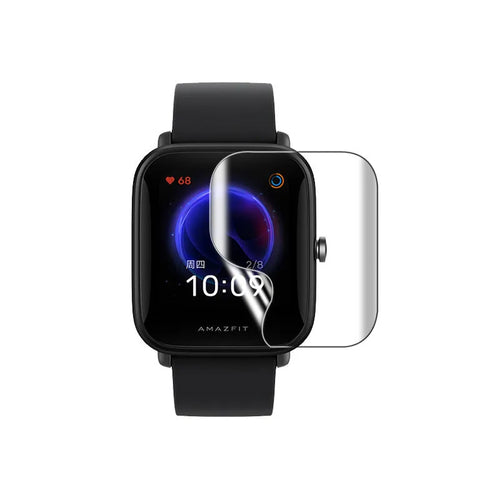 Amazfit Bip S smartwatch with clear HD hydrogel screen protector film applied